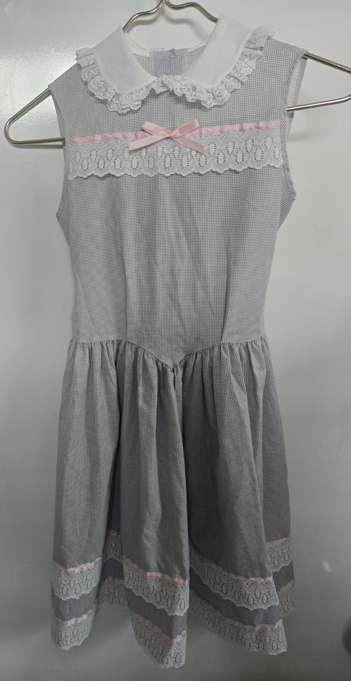 Homemade Girl's Party Dress Gray White checked Size 12-14? see measurements 80s